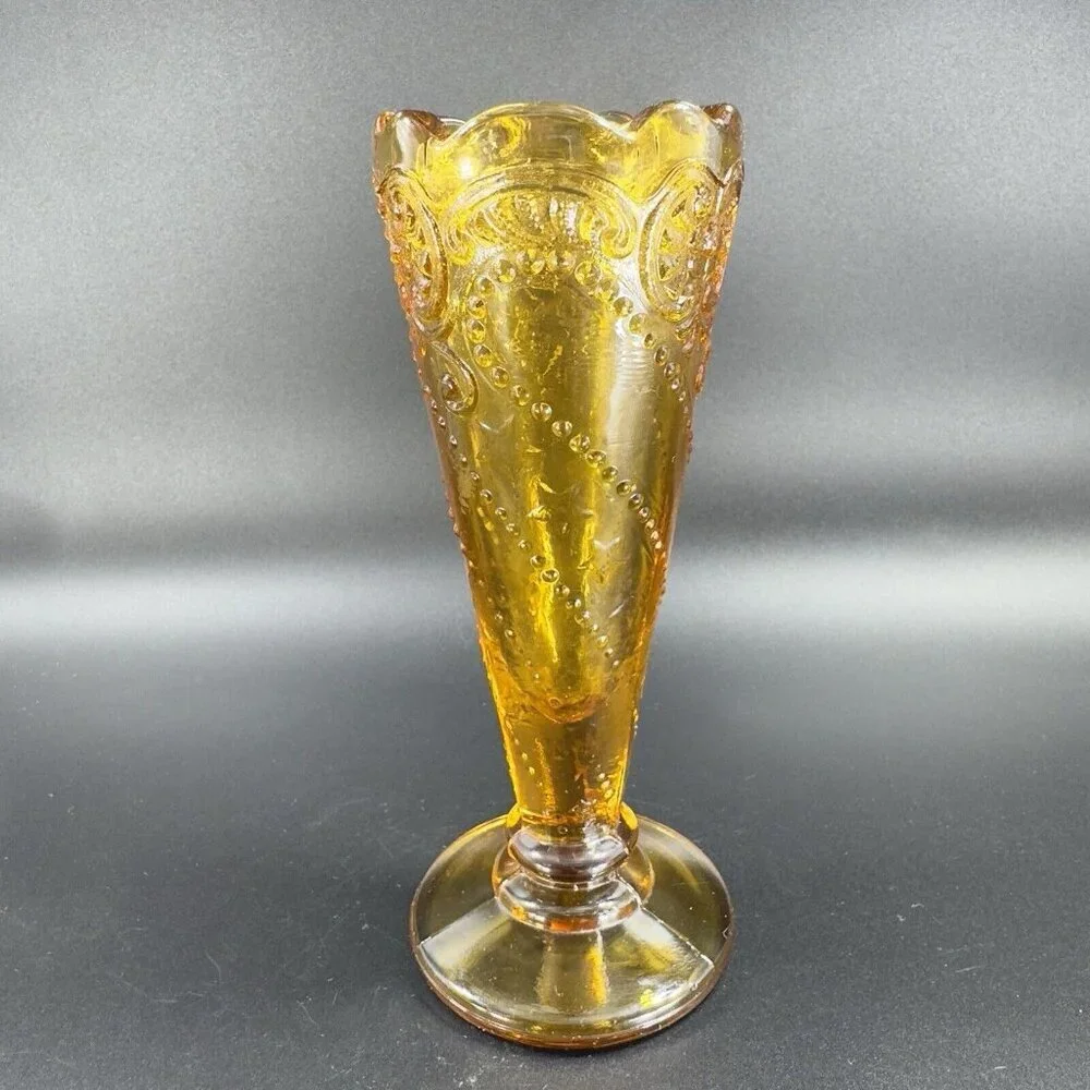 Vintage Mid Century Amber Glass Bud Vase Beaded Wavy Edges Glass‎ Vase VTG Decor